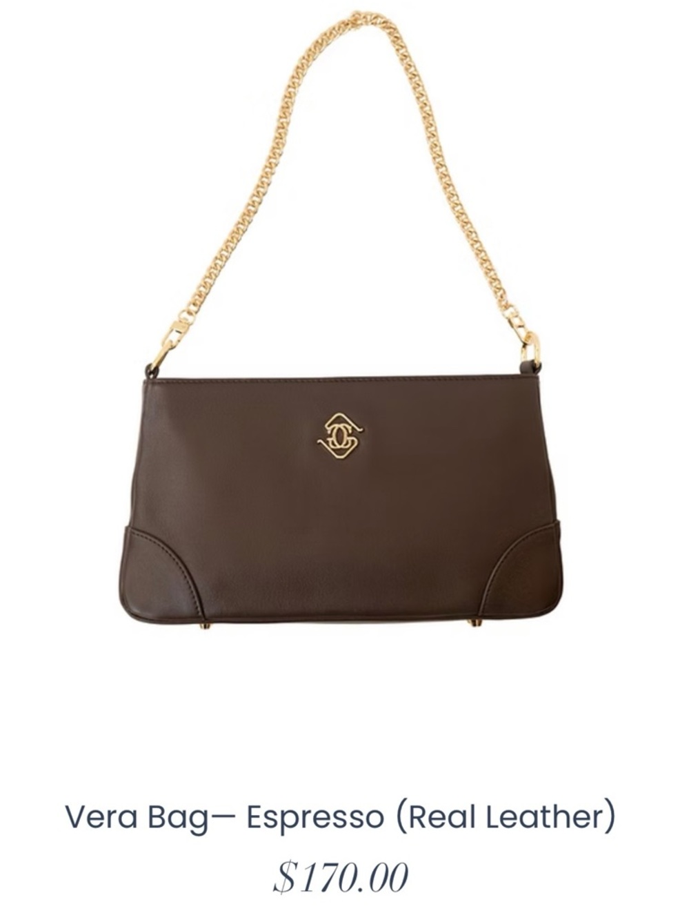 Espresso Leather Shoulder Bag with Gold Chain